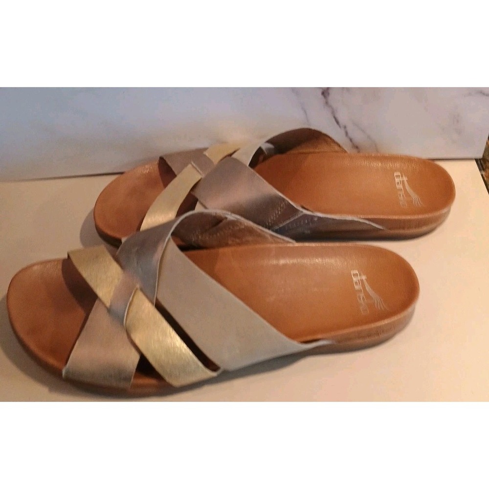 Dansko Women 41 US 10- 10.5 Joanna Strappy Slide Sandal Tan Metal Leather - Picture 4 of 9